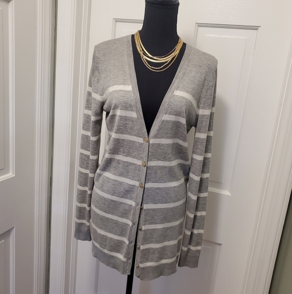 Ann Taylor Striped Midlength Lightweight Cardigan Size Medium, Classic